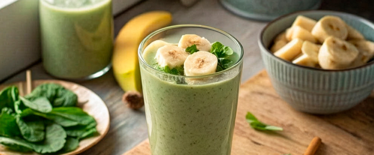 Ingredientes verdes, proteína vegetal y bebida nutritiva para rutina femenina