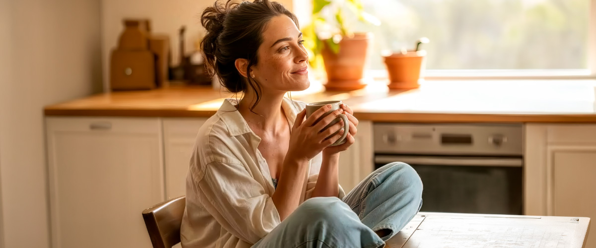 Mujer adulta tomando una bebida energética en una rutina de mañana